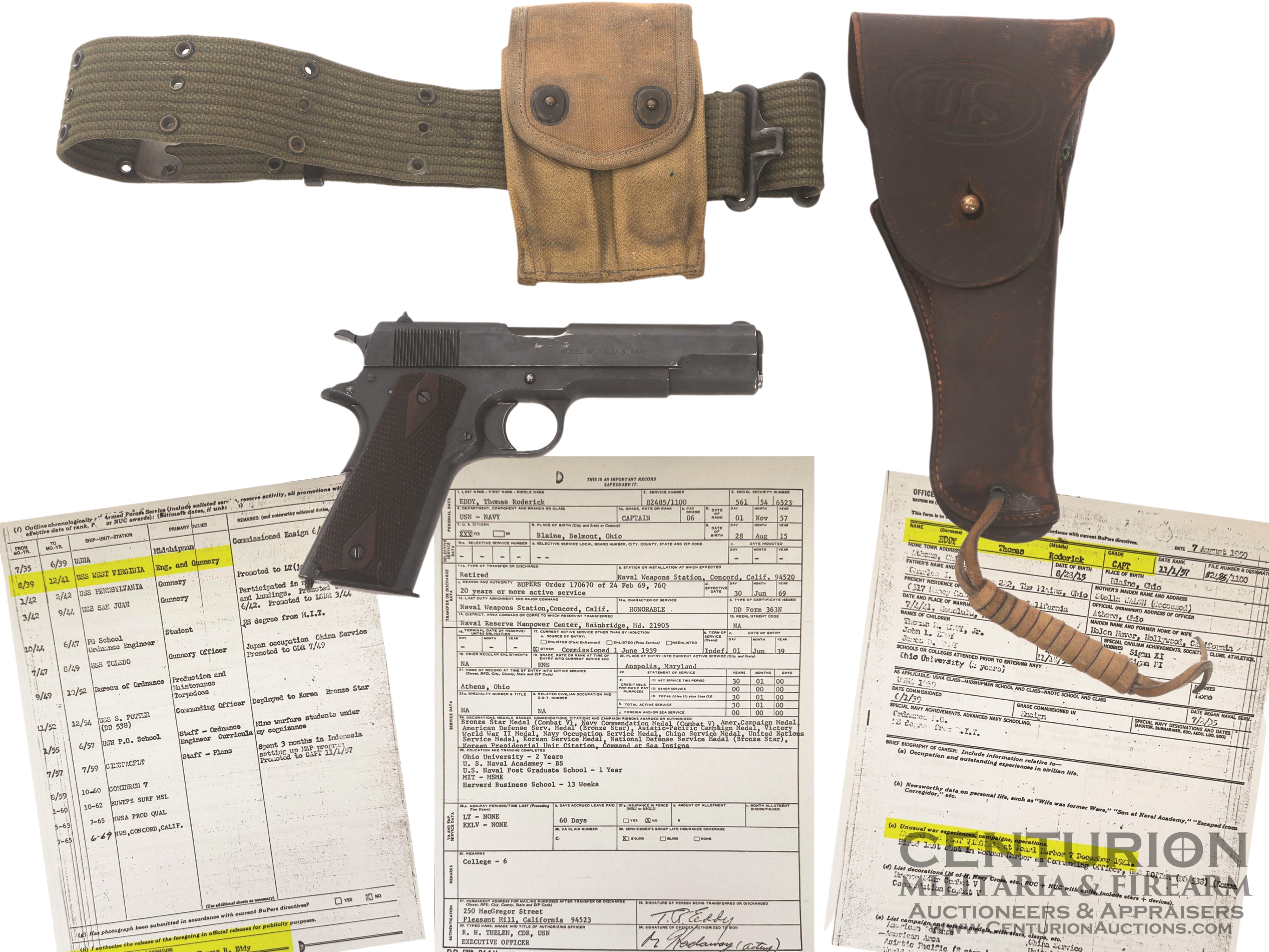 1914 WWI and WWII US Springfield Model 1911 .45 ACP caliber pistol with holster, belt and magazine pouch 146041