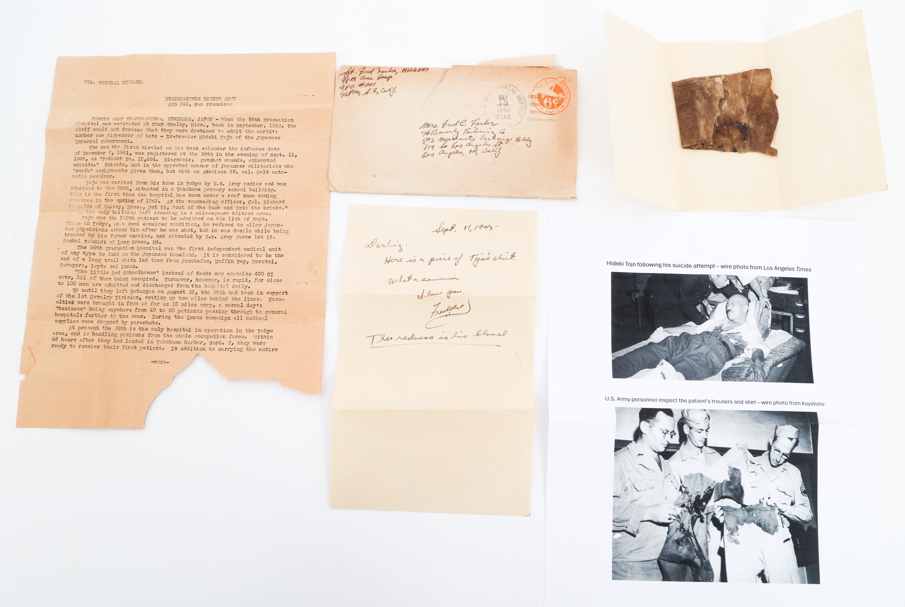 WWII JAPANESE HIDEKI TOJOS SUICIDE ATTEMPT - BLOODY CUT SHIRT PIECE 