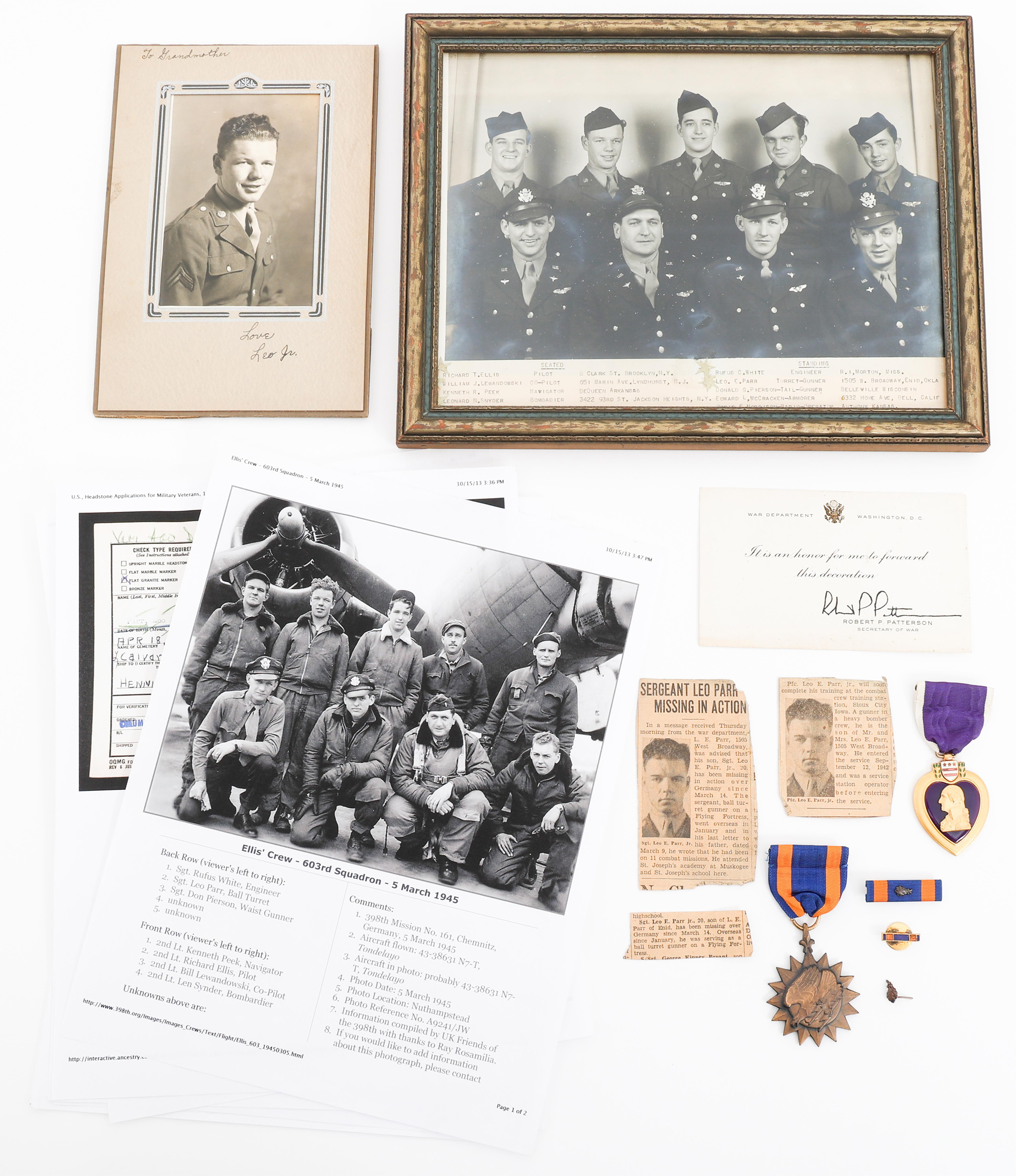 WWII US AAF 398th BG, PURPLE HEART KIA GROUPING - 120269