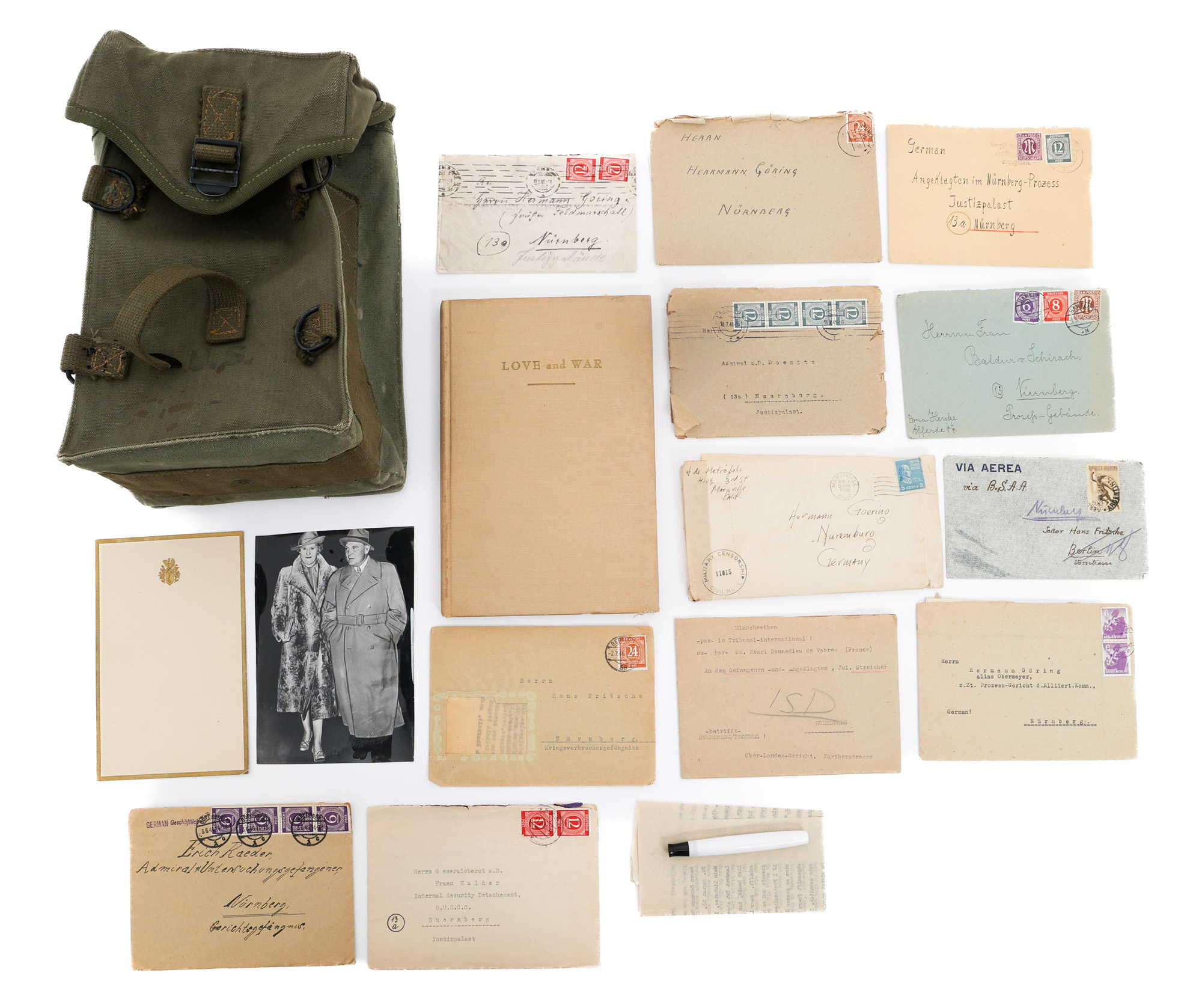 HERMANN GOERING WWII NUREMBERG WAR CRIME TRIAL LETTERS HERBERT STIVERS BAG FOUNTAIN PEN - 124748