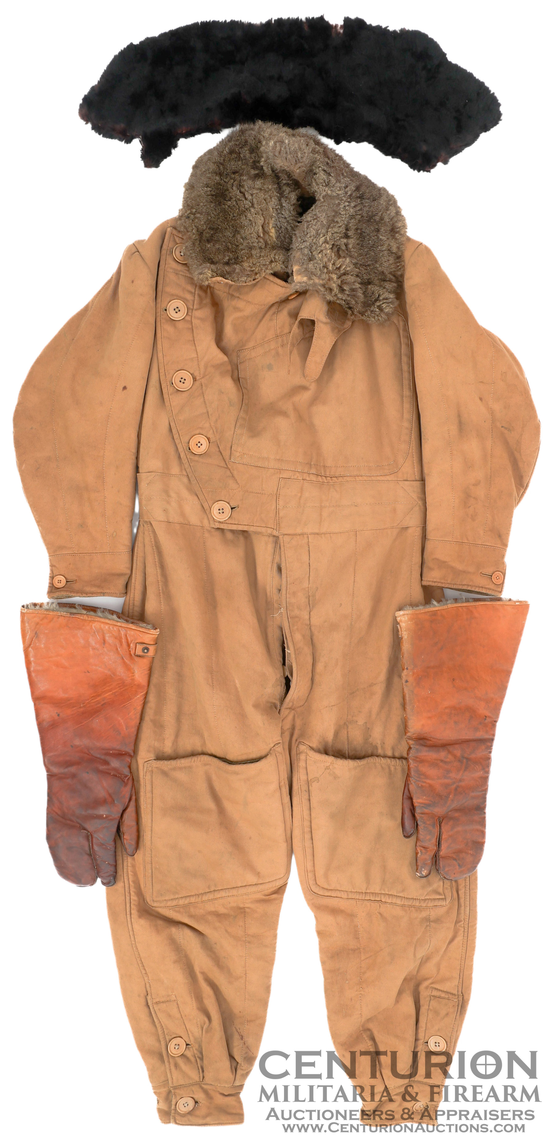 WWI BRITISH RFC SIDCOT FLIGHT SUIT FLYING GLOVES 142011