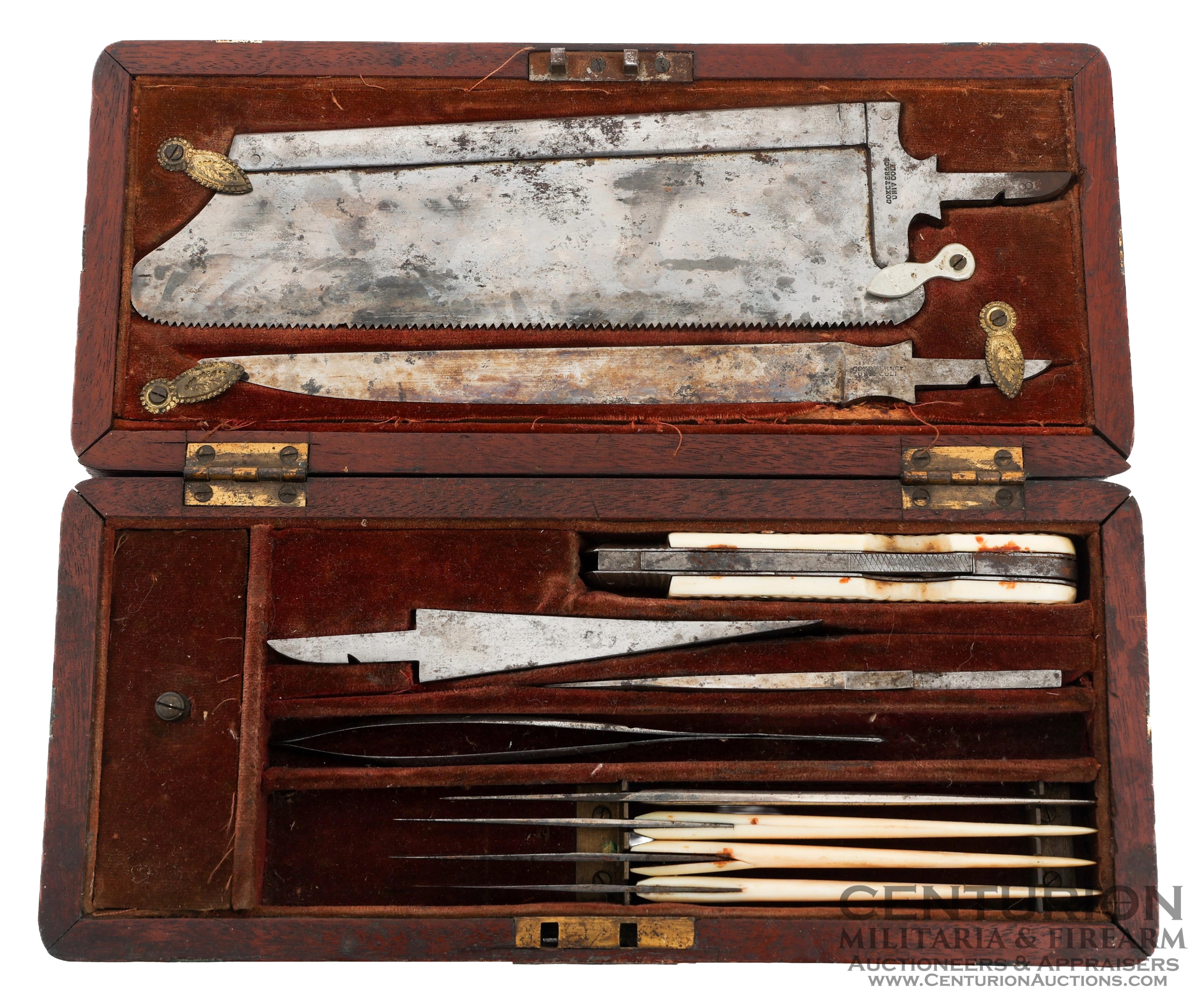 Civil War US Surgeons Amputation Tools Kit | Most tool heads maker marked by Coxeter & Co UNIV COLI, tweezers marked by Grafton. Box named to William Darnes -145254
