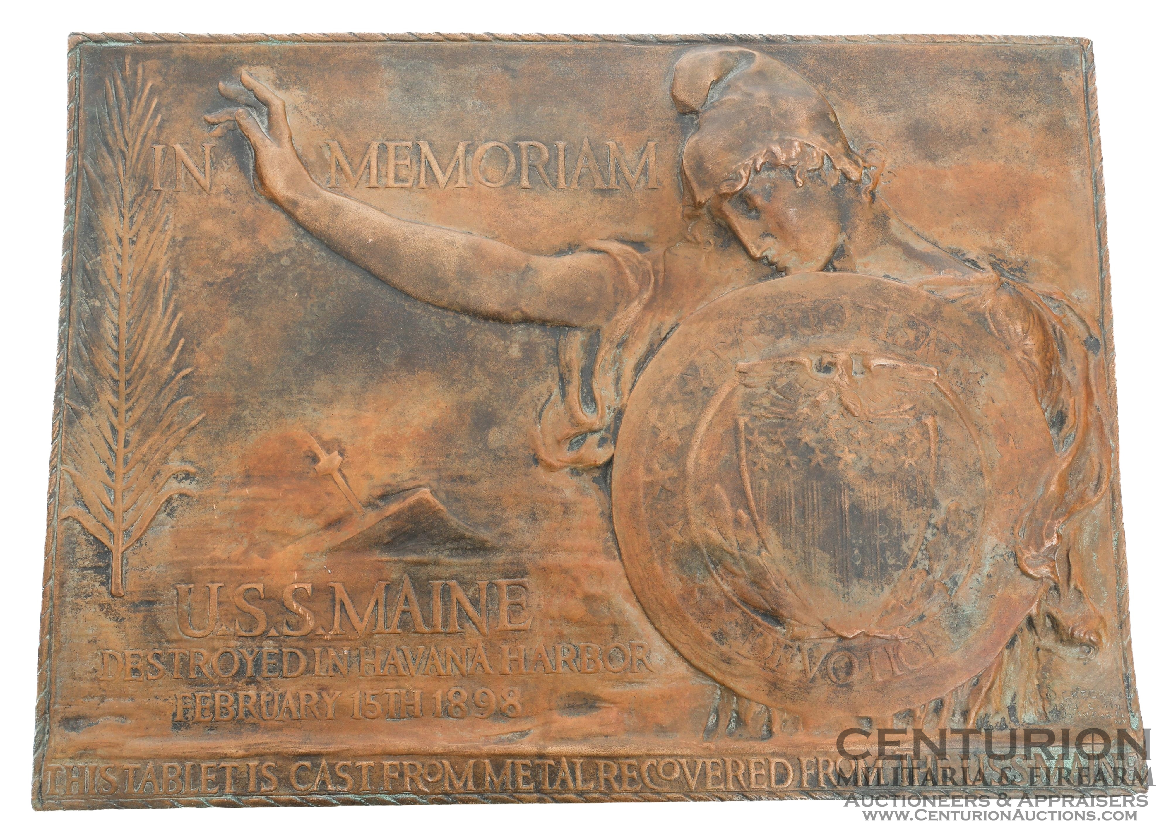 USS Maine Memorial Plaque by Charles Keck | In Memoriam U.S.S. Maine Destroyed In Havana Harbor February 15th, 1898, and This Tablet Is Cast From Metal Recovered From The USS Maine. Maker marked and numbered as Tablet No. 764, by Sculptor Charles Keck, cast by Uno. Williams Inc. Bronze Foundry, New York in 1913 - 145370
