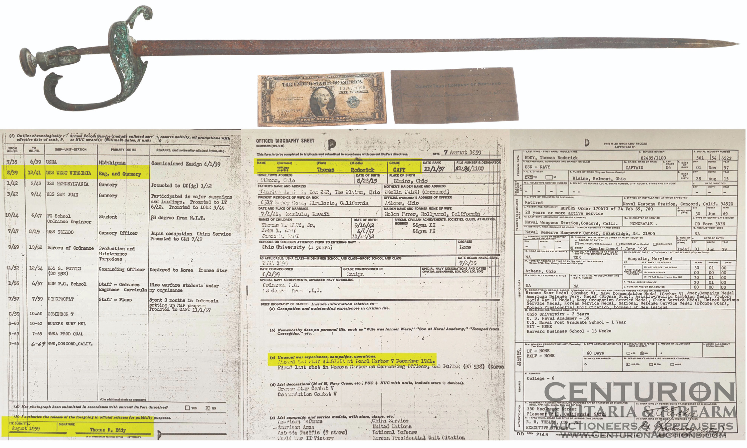 Japanese Pearl Harbor Attack USS West Virginia Recovered M1852 Sword 1935 1 Silver Certificate and USN Check Thomas R Eddy 149245