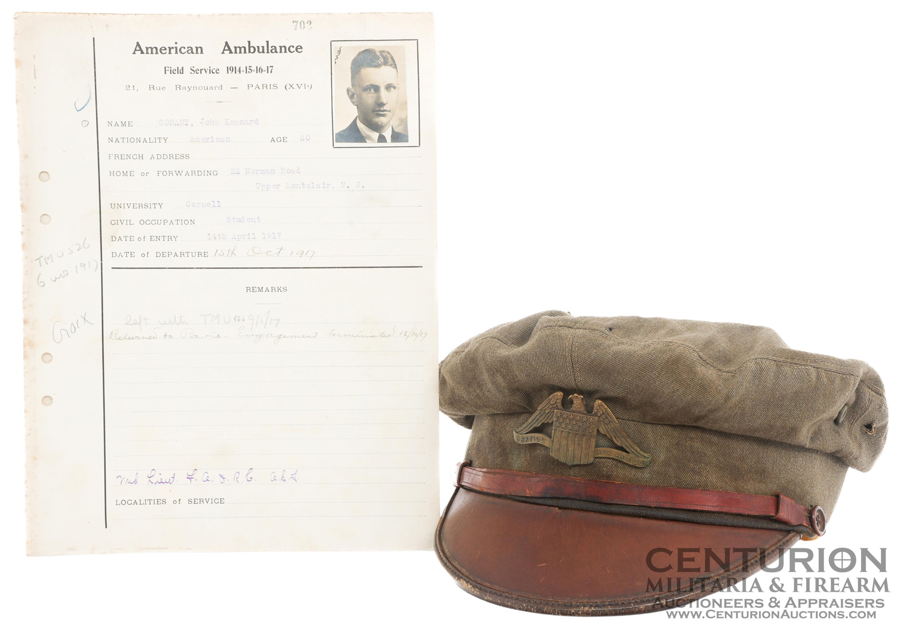 WWI AMBULANCE SERVICE VOLUNTEER NAMED CAP CARD 153040