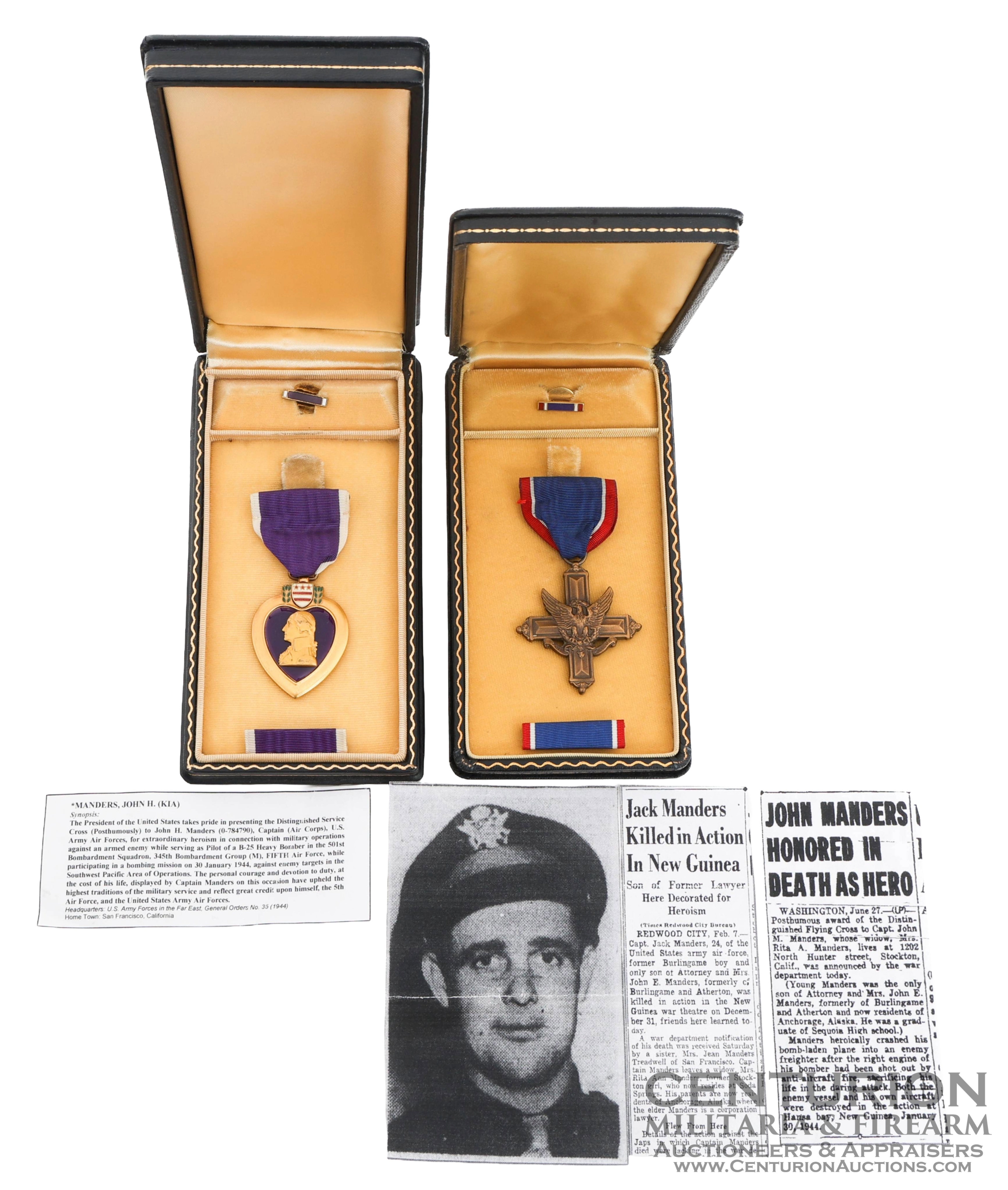WWII USAAF 501st Bomb Squadron, 245th Bomb Group, 5th Air Force, B-25D Mitchell #41-30594 Pilot Distinguished Service Cross and Purple Heart. | Named to KIA Captain John H. Manders, O-784790. -156178