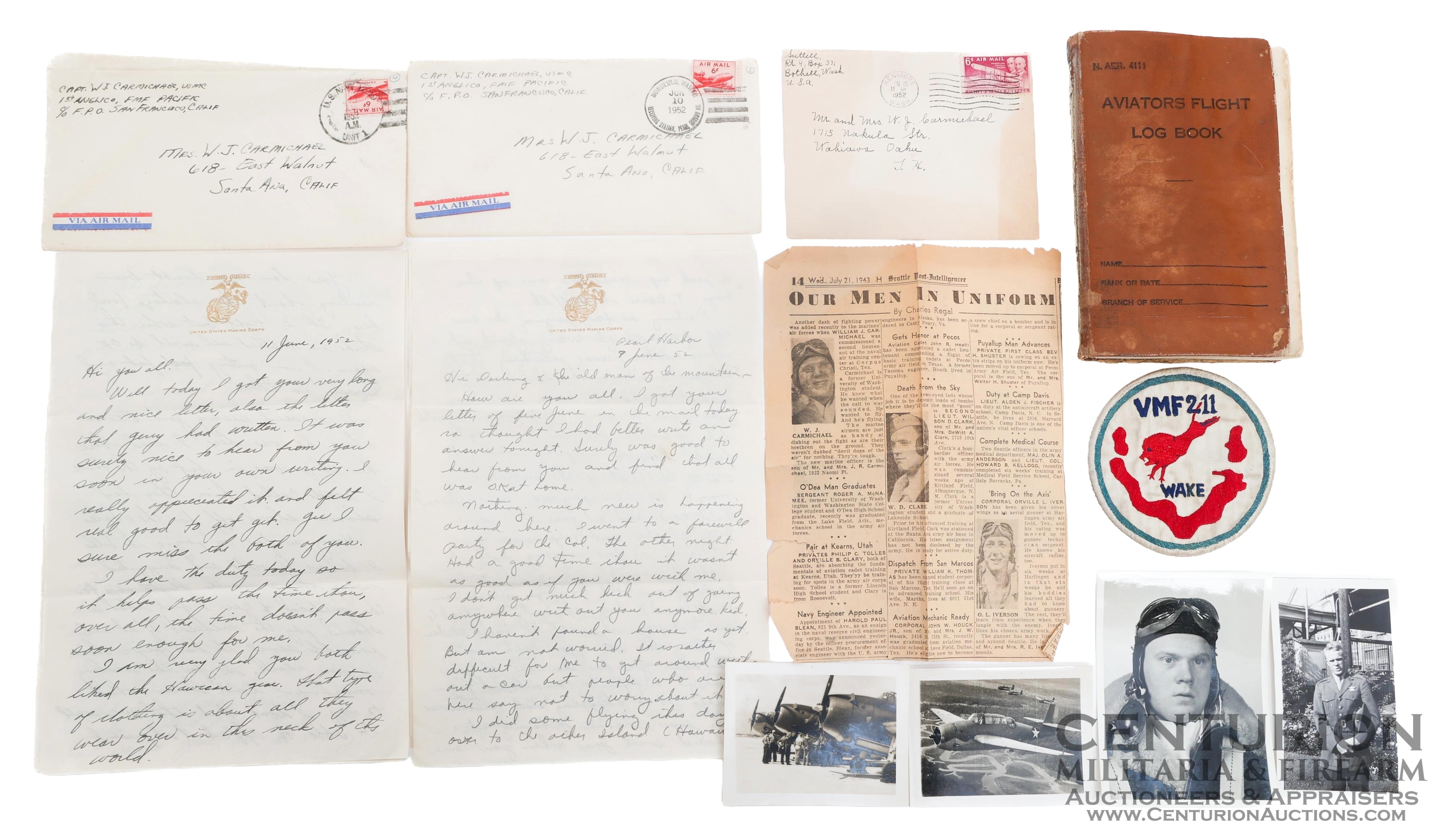 WWII USMC Aviator Named Flight Log Book. Named to Captain William J Carmichael, WWII USMC Aviator. - 156362