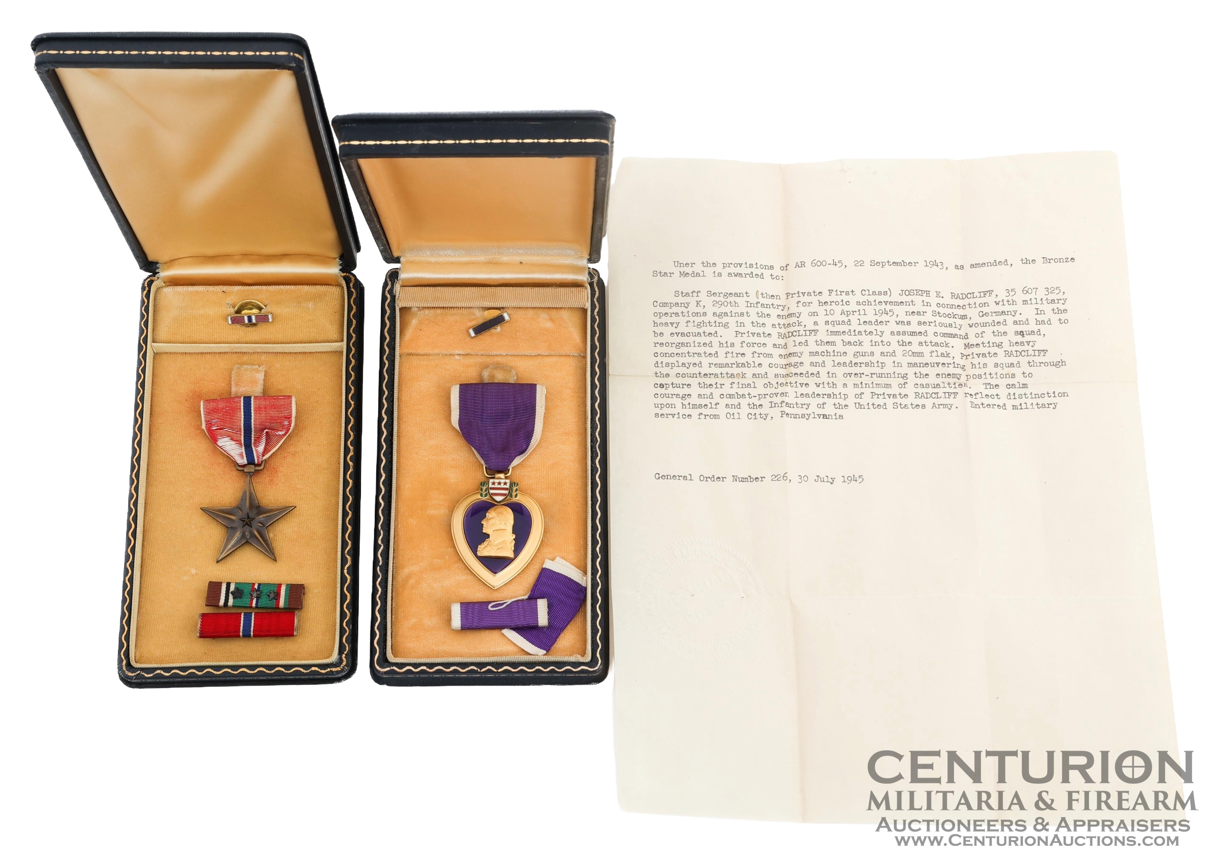WWII US Army Bronze Star and Purple Heart. Named to Staff Sergeant (Then PFC) Joseph E. Radcliff, 36607325, Company K, 290th Infantry, 75th Infantry Division. - 156170