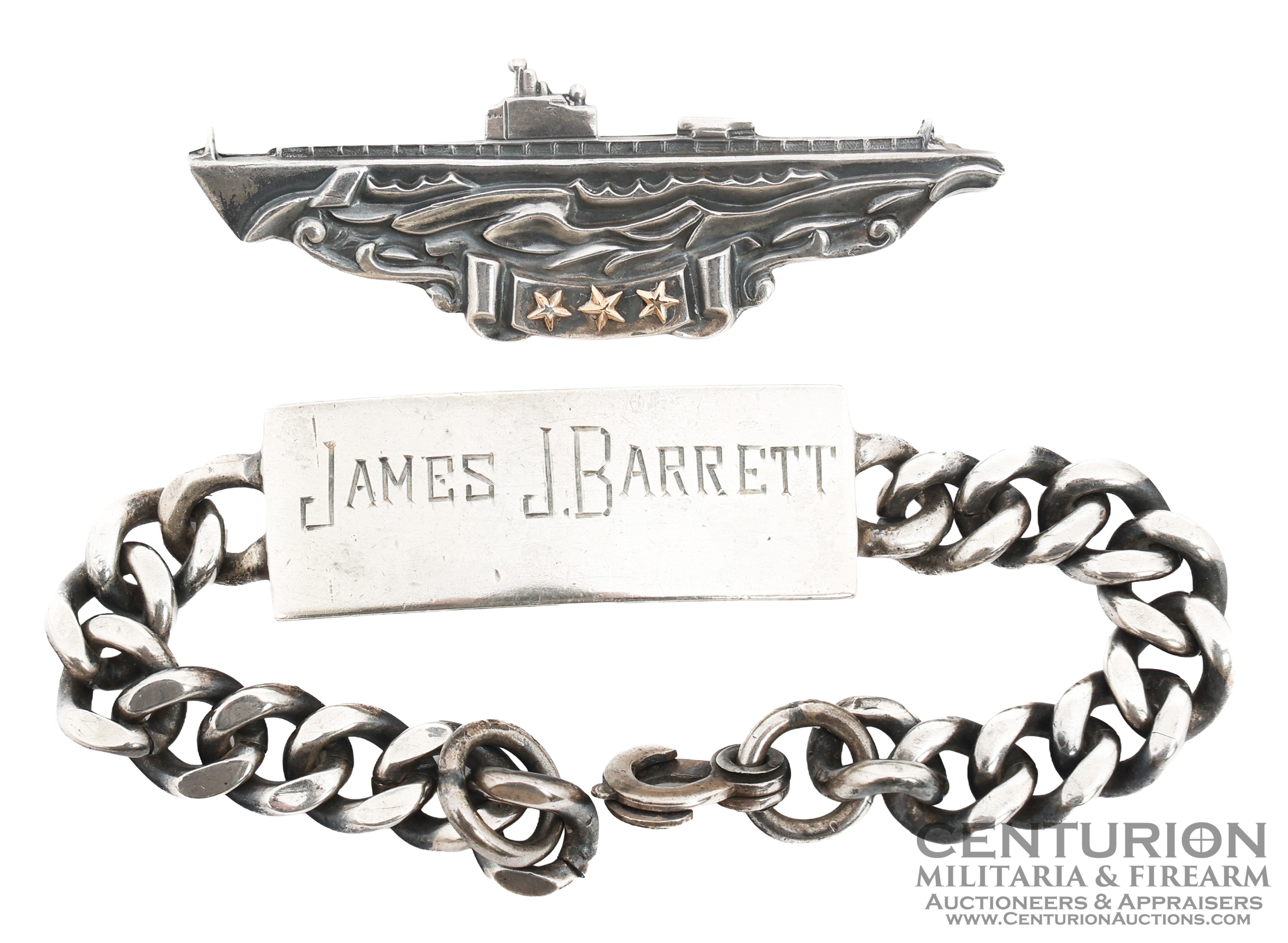 WWII US Navy Submarine Patrol KIA Named Badge & ID Bracelet | Named to James J. Barrett, 614-08-33 - 156279