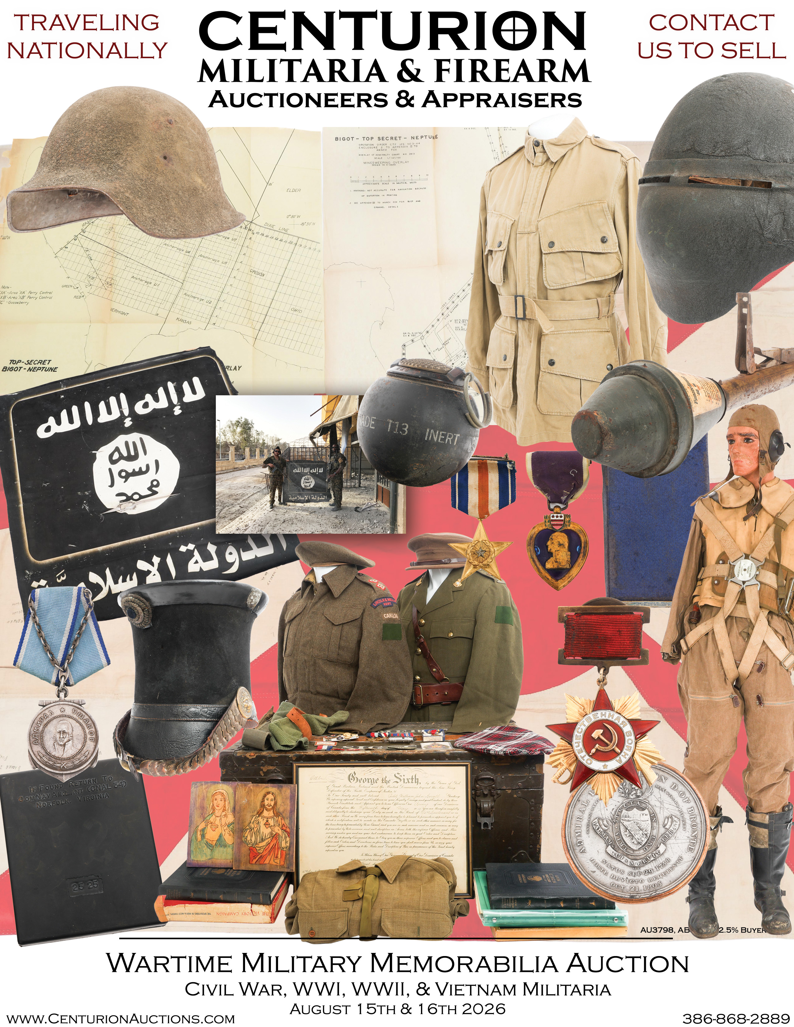 Wartime Military Memorabilia Auction Selling Civil War WWI WWII Vietnam Uniforms Helmets Flags Patches Medals Named Groups Field Gear August 15 16 2026